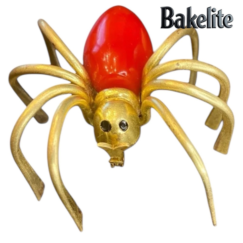 RARE Vintage 1930s Red & Brass Bakelite SPIDER Brooch‎ Pin Halloween Goth Deco